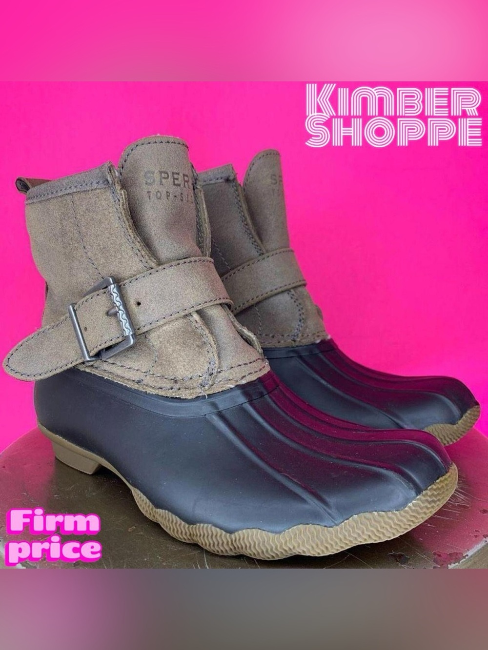 Sperry Rip Water Blue Rubber Taupe Suede Insulated Duck Boots US 5 UK 2.5 EU 35